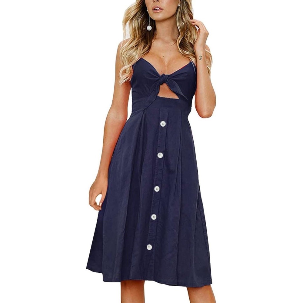 FANCYINN Womens Tie Front Button‎ Down A-Line Summer Spaghetti Strap Midi Dress
